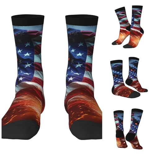OUSIKA Fireworks American Flag Athletic Socks for Men Sport Running Calf Socks Breathable Crew Socks for Women Novelty Socks, 3 Black, One Size