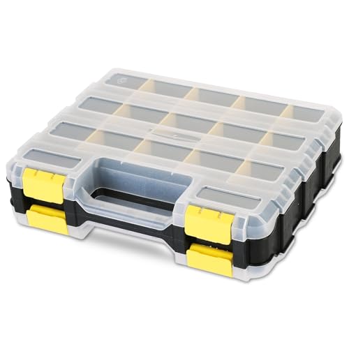weyleity Small Parts Organizer | Storage Case Tools Box 34-Compartments Double Side Organizer Box with Removable Dividers for Small Hardware, Screws, Bolts, Nuts, Nails, Beads (Yellow)