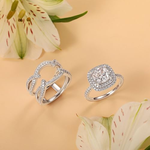Image of Jeulia 3.7CT Double Halo Insert Wedding Ring Set for Women Sterling Silver Round Cut Bridal Ring Set with Eternity Band Romantic Anniversary Promise Gift with Jewelry Box