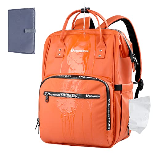 MAYMOONER Mochila impermeable para pañales de bebé, gran bolso cambiador con cambiador portátil y correas para el cochecito para mamá y papá, naranja, Talla única Cover