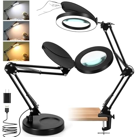 Veemagni 2-in-1 Magnifying Glass with Light and Stand, 3 Color Modes Stepless Dimmable, 5X Real Glass Desk Lamp with Clamp & Lens Cap, LED Lighted Magnifier with Light for Reading Crafts Close Works Cover