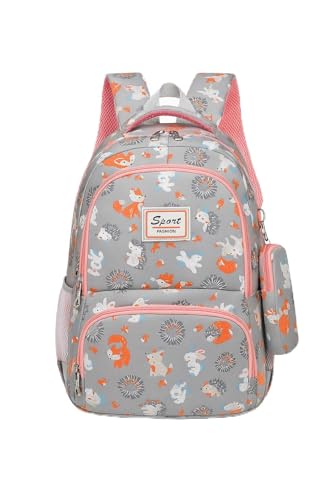 Mochila Escolar Infantil Feminina Grande Impermeável Estampada Com Estojo, Vários Compartimentos, Alças Ajustáveis, Zíper Duplo, Costas Acolchoadas, Para Notebook e Material Escolar (Cinza)