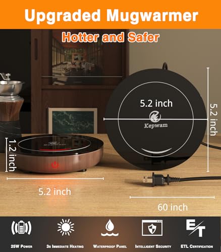 Kepwam Coffee Mug Warmer with Gravity Sensor, Mug Warmer for Desk with LED Light, 3 Temp Settings & 6H Auto Shut Off Coffee Warmer, Electric Candle Warmer Plate for Beverage, Coffee, Tea, Milk