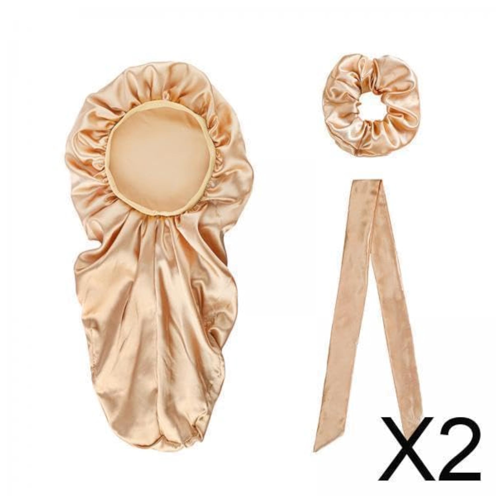2X Long Satin Bonnet Sleep Caps for Long Curly Hair, Champagne