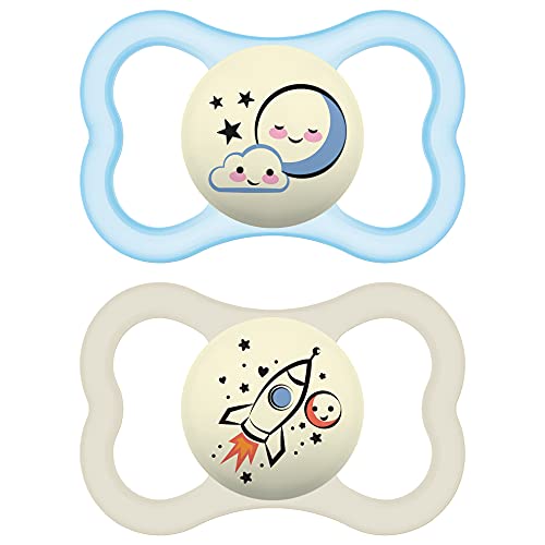 MAM Supreme Night Pacifiers (2 Pack, 1 Sterilizing Pacifier Case), Best Pacifier for Breastfed Babies 16+ Months, Glow in The Dark Pacifiers, Boy Pacifier,2 Count (Pack of 1)