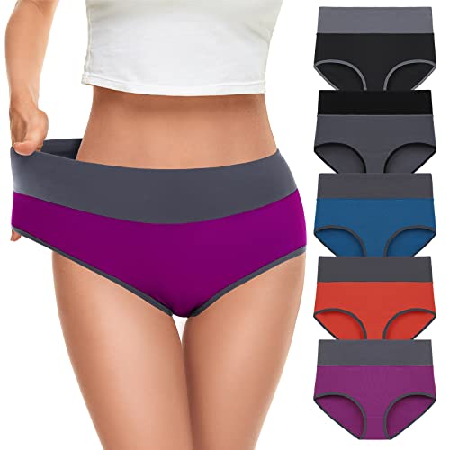 Annenmy Womens Underwear, Cotton Underwear for Women High Waist Underwear Women No Muffin Briefs Panties and Plus Size Underwear for Women (Black/Gray/Blue/Purple/Orange, 5 Pack, X-Large)â€¦