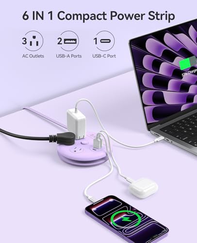 Image of ORICO Power Strip with USB Ports, 4Ft Flat Extension Cord with 3 AC Outlets and 2 USB-A and 1 USB-C Charging Ports, 45 Flat Plug, Non-Surge Protector for Cruise /Home /Office /Dorm Essentials, Purple