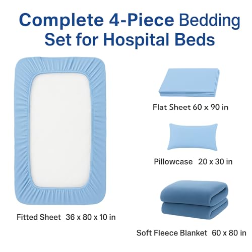 Image of Care Bed Sheets Set 4 Pcs - 36 inchx80 inch Fitted Sheet, Flat Sheet, Pillowcase & Blanket - Twin XL Hospital Style Sheets for Home or Adjustable Beds(Blue)