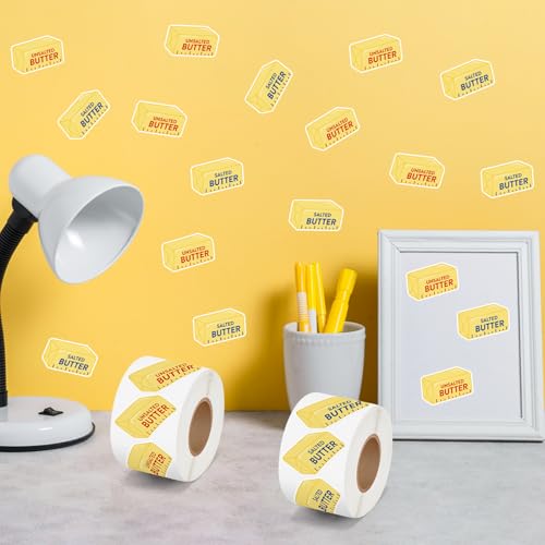 Image of Funny Butter Sticker Roll - 2 Rolls Salted Unsalted Butter Design Waterproof Vinyl Self Adhesive with Clear Printing for Laptop Water Bottle Scrapbook Kitchen Decor Food Lover Craft Gift