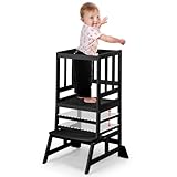 COSYLAND Montessori Lernturm ab 1 Jahr – Höhenverstellbarer Kinder Lernturm & Learning Tower für Küche, sicherer Montessori Tower mit 2 Stufen, Kippschutz & rutschfesten Matten, Klassisch Schwarz