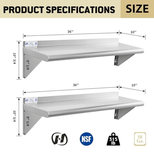 Image of Hally Stainless Steel Shelf Wall Mounted Metal Shelf Wall Shelf 10 x 36 NSF Heavy Duty 315 lb Capacity, Commercial Wall Mounted Storage Rack for Kitchen, Garage, Laundry Room 2 Pack