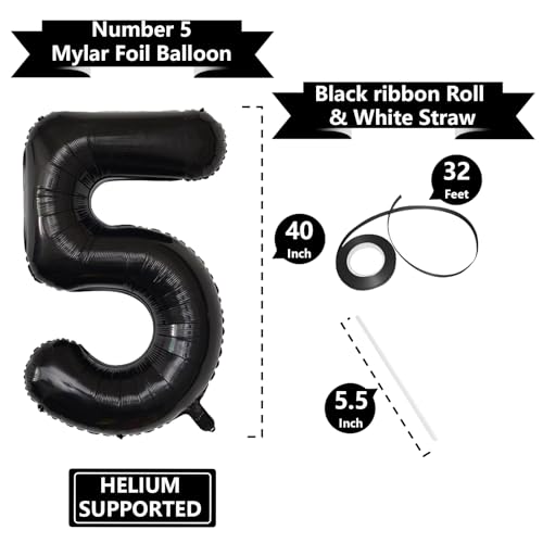Image of Number Balloons Black Party Balloon - Giant Number 5 Balloon, 40 Inch Large Balloon for Birthday Decorations, Black Party Supplies for Men Women