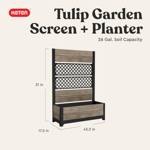 Image of Keter Outdoor Planter Box with Privacy Screen and Trellis - 26 Gallon Raised Garden Bed for Climbing Plants, Wood-Look Resin, Weather-Resistant Divider for Patio, Balcony & Backyard