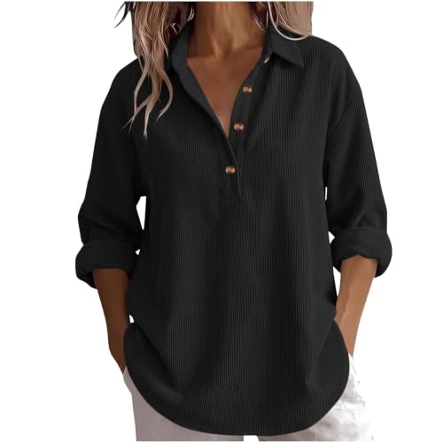 Corduroy Shirt Women Comfy Half Button Long Sleeve Henley Neck Tunic Tops | Black Womens Corduroy Shirt Cotton Fall Knited Flannel Henley Neck Ribbed Loose Fit Tunic Tops Casual Workout Shirts - image 3
