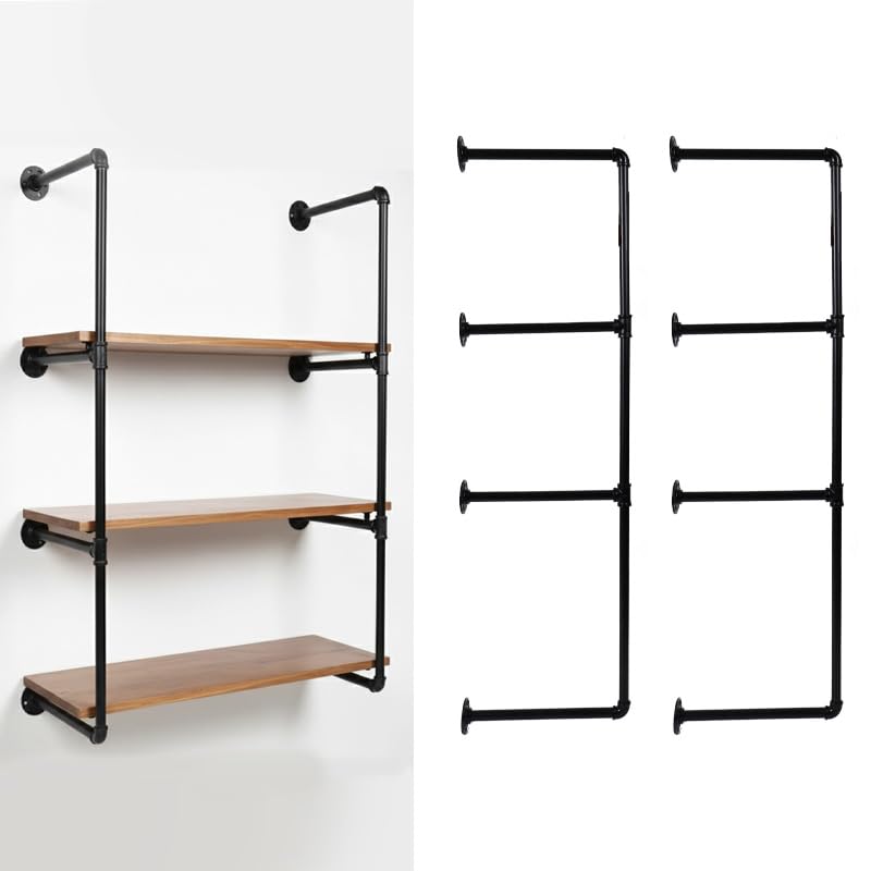 HBLYJS 4-Tier Industrial Pipe Shelving Bracket System Black Iron Wall Mount DIY Rustic Farmhouse Style Storage Rack Brackets (No Planks)
