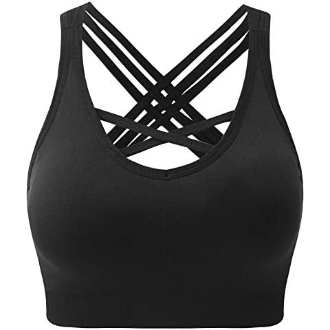ANGOOL Padded Sports Bra Wirefree Mid Impact Yoga Bras Unique Cross Back Strappy for Gym Yoga Black Cover