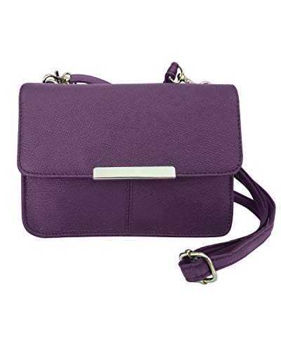 Roma Leathers Mini Leather Cross Body Purse - Premium Purple Embossed Cowhide Leather - Backside Detachable Wallet - Adjustable and Removable Shoulder Strap - Designed in USA