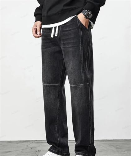 Men Winter Cotton Straight Jean Pants Elastic Waist Thick Warm Casual Trousers Streetwear2