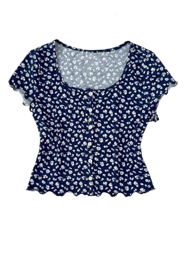 Girl's Button Down Floral Shirts Short Sleeve Scoop Neck Crop Tops Cute Summer T Shirt