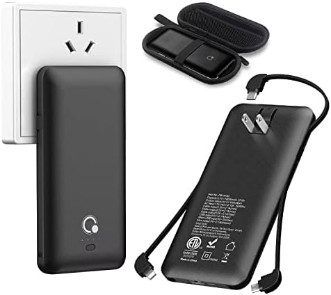 Brand Q 10000mAh Power Bank, Slim Portable Charger,4 Output External Battery Pack with Built-in AC Wall Plug Micro USB C Three Cables Compatible with Different Kinds of Mobilephone