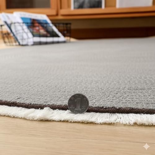 Image of Cotton Round Carpet 3x3 feet - Handmade Braided Boho Rug for Living Room, Bedroom & Balcony - Soft Washable Floor Mat, Color -Grey