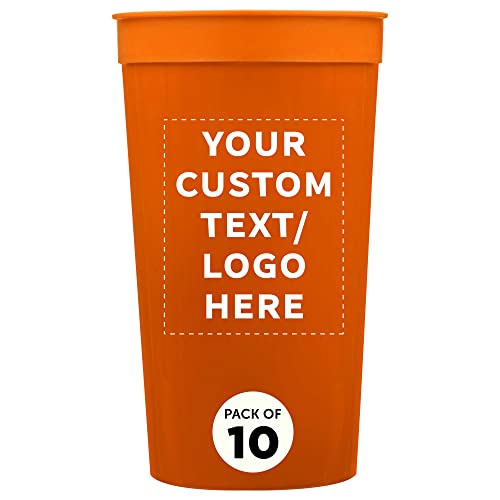 Custom Plastic Stadium Cups 32 oz. Set of 10, Personalized Bulk Pack - Perfect for Summer, Sporting Events, Birthdays, Picnic, Beach, Parties - Orange