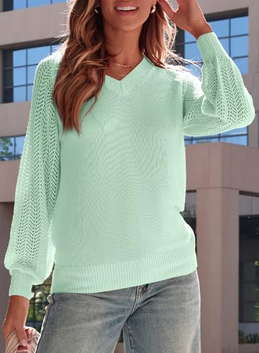 Dokotoo Women's Casual V-Neck Long Sleeve Sweaters Solid Color Pullover Knit Sweater Jumper Tops3