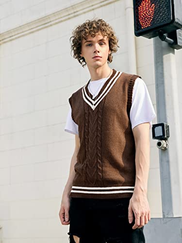 Oyoangle Men's Rib Knit Sweater Vest Striped Sleeveless V Neck Uniform Tank Top Brown S #TOP5
