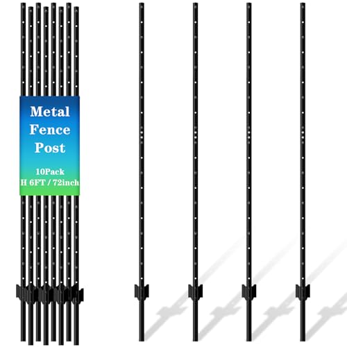 10 Pack Metal Fence Post 6FT Heavy Duty U-Post for Wire Fence No Dig T Posts Garden Fencing Stakes for Temporary Fencing Electric Fence Wire Corner Anchor