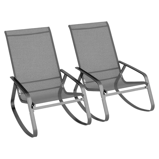 Outsunny Garden Rocking Chairs Set of 2, Ergonomic Outdoor Rocking Chairs with Armrests, High Backrest, Steel Frame Relaxing Rocker Armchair Seats for Patio, Balcony, Porch, Grey