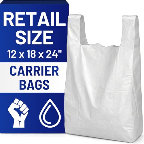 PWgoods Plastic Carrier Bags White - Standard Retail Size 12x18x24 100 Pack Medium Duty Large Carrier Bag with Handles Groceries Retail Shopping Takeaway Bin