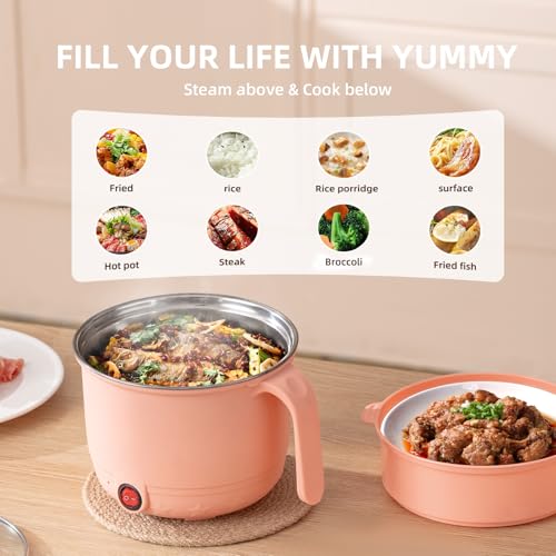 Image of Electric Cooking Pot with Steamer 1.5L | Multi-Function Mini Cooker | Non-Stick Inner | Travel Friendly Kitchen Appliance (Peach, With Steamer)