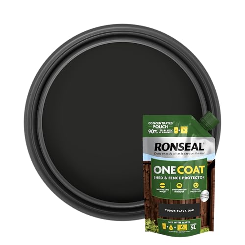 Ronseal One Coat Shed & Fence Pouch Tudor Black 950ml - Mix with Water to Make 5 Litres of Paint for Effortless Coverage and Long-Lasting Protection