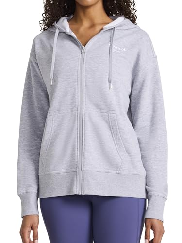Reebok レディース 刺繍フルジップパーカー、スタンダードフィット、ミッドウェイトコットンポリ生地, グレーヘザー, Small