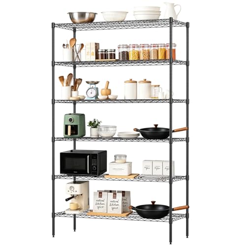 FDW 16\" DÃ—42\" WÃ—72\" H Wire Shelving Unit Commercial Metal Shelf with 6 Tier Adjustable Layer Rack Strong Steel for Restaurant Garage Pantry Kitchen Garageï¼ŒBlack