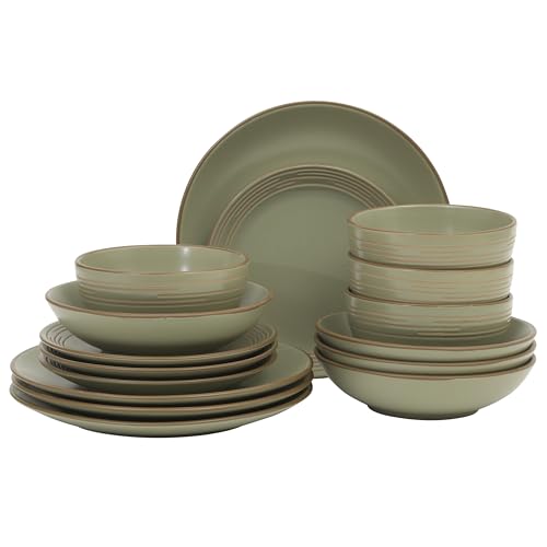 Image of Gibson Home Chiswick House 16-Piece Stoneware Dinnerware Set, Round Plates and Bowls Set for 4, Green with Wax Relief Embossed Rim Detail, Dishwasher Safe - Dinner Plate, Salad Plate & Cereal Bowl