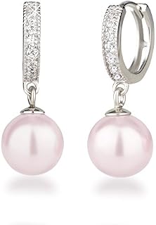 Schöner-SD Earrings 925 Silver Rhodium Hoop Earrings with Sparkling Zirconia and 10 mm Pearl Round Pearl Earrings
