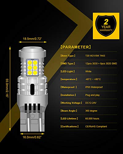 KATUR 7443 T20 992 W21/5W LED Bulbs Super Bright 12pcs 3030 & 8pcs 3020 Chips Canbus Error Free Replace for Turn Signal Reverse Brake Tail Stop Parking Light,Xenon White(Pack of 2)