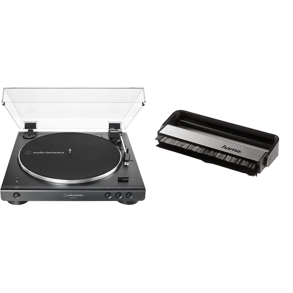 Audio-Technica LP60XBT Vollautomatischer Bluetooth Stereo-Plattenspieler, schwarz & Hama Carbon-Faserbürste für Langspielplatten (antistatisch Schallplatten reinigen, Vinylbürste), schwarz/Silber