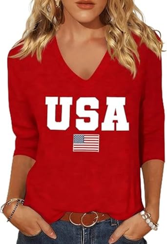 Womens USA Flag 3/4 Sleeve V Neck Shirt 4th of July American Flag Graphic Long Sleeve Tee Summer Patriotic Tops(XL C-Red)