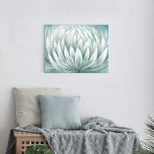 Toile florale blanche 40x60 cm turquoise et lotus contemporain - 2