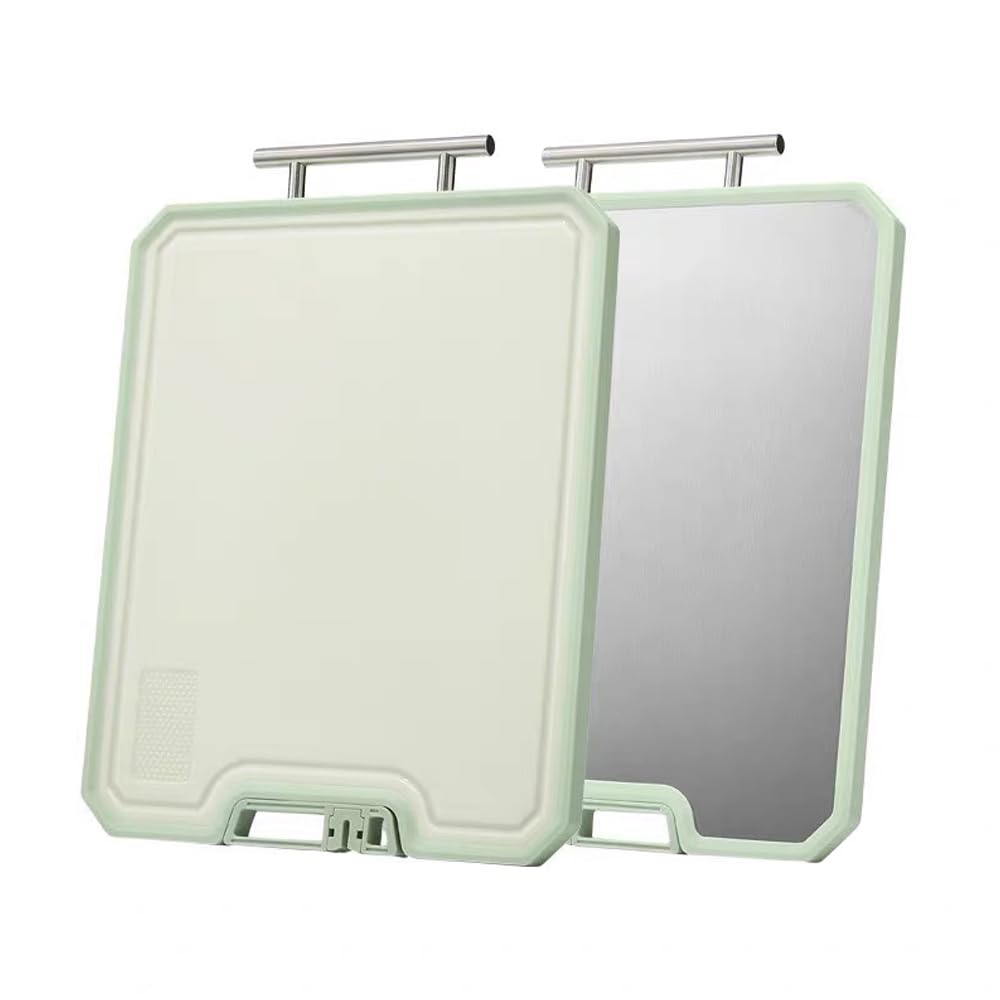 MEIFLOLU Double-Sided Cutting Board with Self Stand Handle, 304 Stainless Steel for Meat, Seafood, Fruit, Vegetables. Reversible with Sharpener