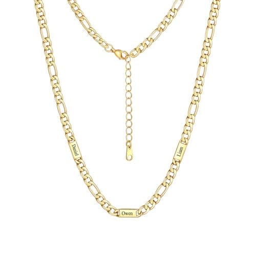 Custom4U Personalized Stainless Steel Figaro Chain for Men Women, 5mm/7mm Width Engraving 1-5 Names Figaro Chain Necklace, Steel/14K Gold Plated/Black Fathers Day Gift Hip Hop Jewelry+Send G