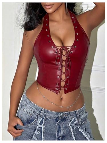 WDIRARA Women's Punk PU Leather Halter Top Grommet Eyelet Tie Front Corset Crop Top3