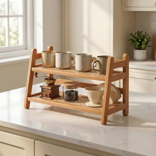 LUUTUUORA Bamboo 2-Tier Coffee Station Organizer, 14.6"×6.7"×10.6" Countertop Organizer, Matcha Station for Mugs, Cups, Bamboo Cups Holder for Kitchen, Coffee Bar, Matcha Stand, Home Décor-Natural