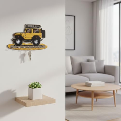 Image of Jeep Key Holder for Wall - Yellow Off‑Road Car Wooden Key Hanger with 7 Metal Hooks - MDF Wall Mounted Key Stand & Entryway Organizer for Kids Room and Home Decor Gift