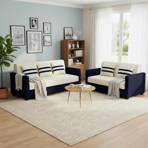 Image of FURNY Lifestylio 5 Seater Fabric 3+2 Sofa Set (Cream-Dark Blue) Premium Velvet Finish | Ideal for Living Rooms, Offices