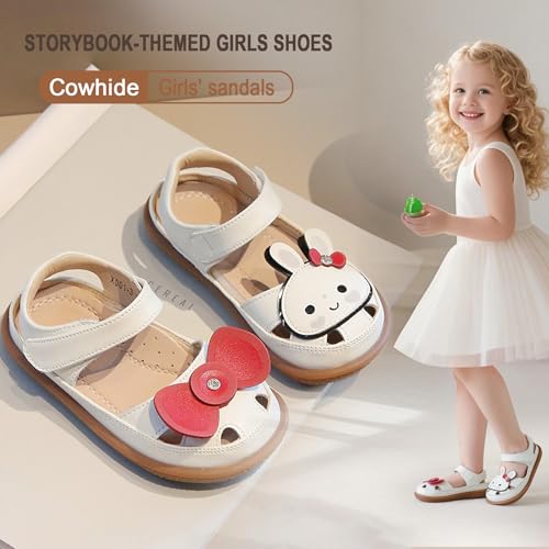 Image of Toddler Girl Sandals with Flower, ‌Breathable Leather kids Closed Toe Sandals, Soft Rubber Non-Slip Summer Shoes for Little Girls 2-7 Years