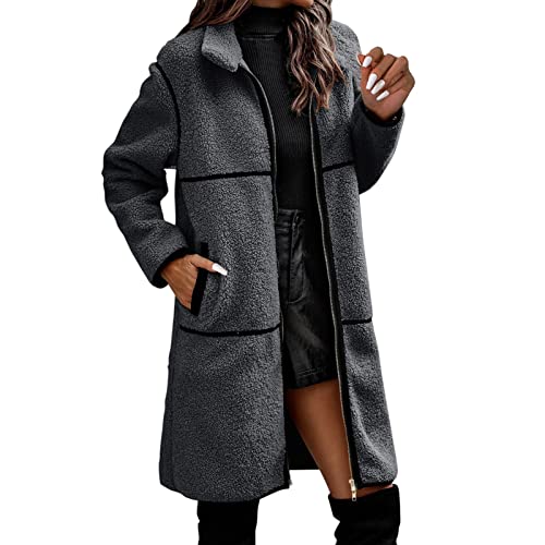 PINLU Damen Dünner Mantel Damen Langer Mantel Farbblock Kordelzug Jacke Reißverschluss Offen Hoodies Sweatshirt Warme Mode Lässige Oberbekleidung Lange Mantel Damen Schwarz Cover