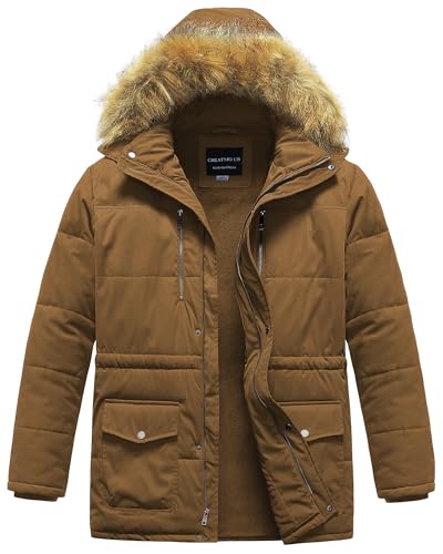 CREATMO US Big And Tall Coats For Mens Winter Plus Size Puffer Jackets Men's Thickened Warm Windproof Waterproof Hooded Fashions Outerwear Parka Light Brown 5X
